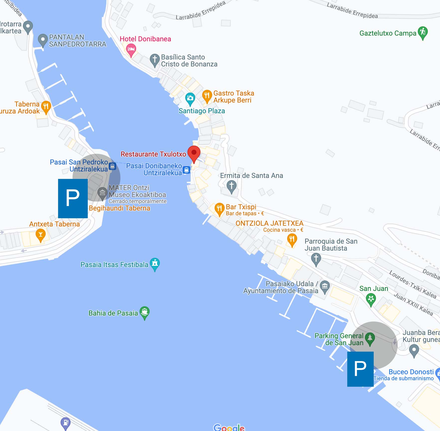 Mapa de donde poder aparcar al ir al Restaurante Txulotxo en Pasajes de San Juan